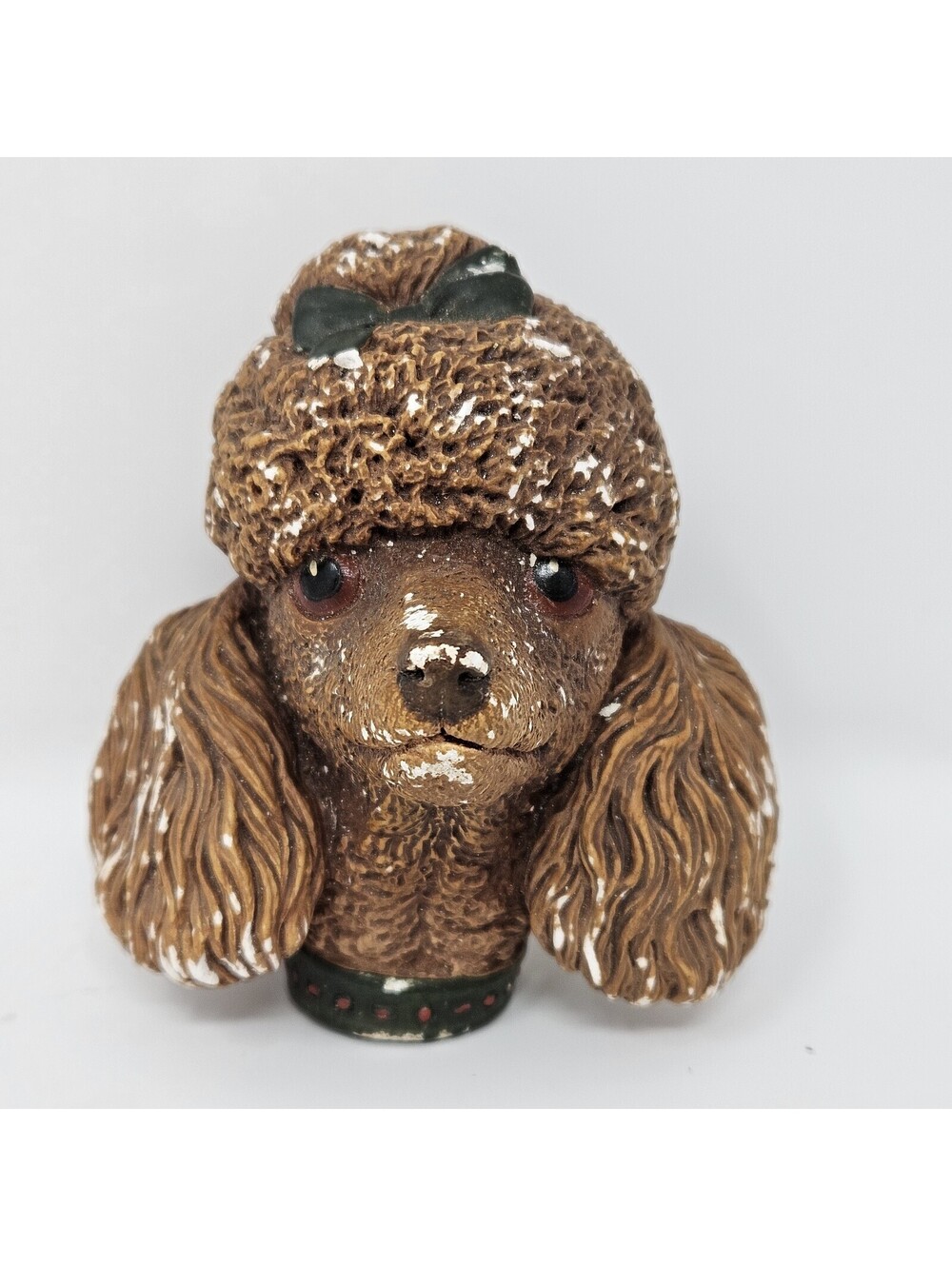 French Poodle Brown Chalkware Wall Hanging England w/ Green Collar Dinged Paint